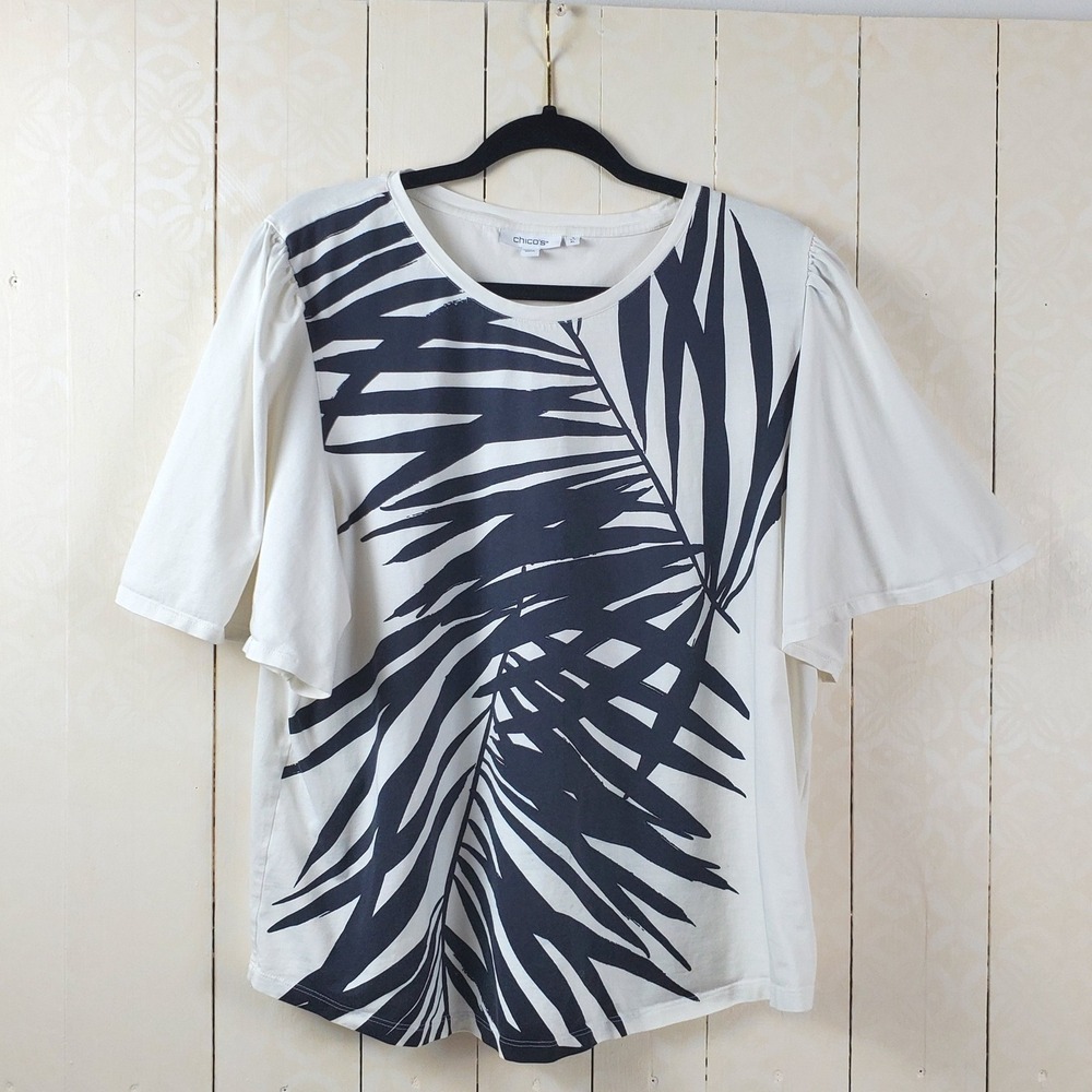 Tropical Palm Leaf Flutter Sleeve Top Cream Black Short Sleeve Blouse
